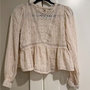 American Eagle Outfitters Cream Lace-Inset Peplum Blouse
